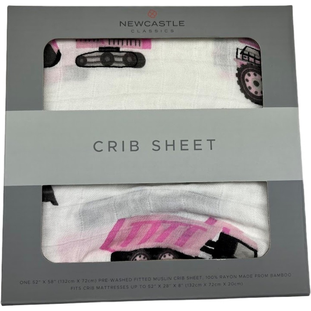 Newcastle Pink Digger Bamboo Baby Crib Sheet‎ Truck Construction Standard Fitted